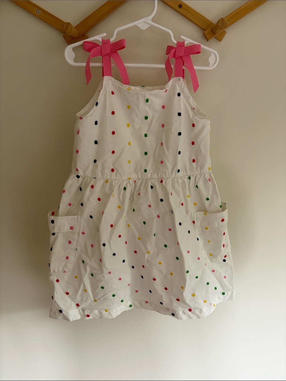 Hanna Andersson polka dot ribbon sundress size 5 pockets colorful